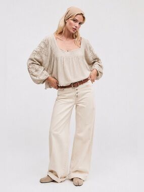 NWT JM Collection Tan Smocked Embroidered Cotton Blouse 3/4 Sleeve